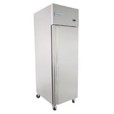 A tall, stainless steel Empura Refrigeration reach-in refrigerator with a single door stands on four caster wheels. The Empura brand is displayed on the upper front panel, highlighting its sleek, modern appearance and rectangular, upright shape.