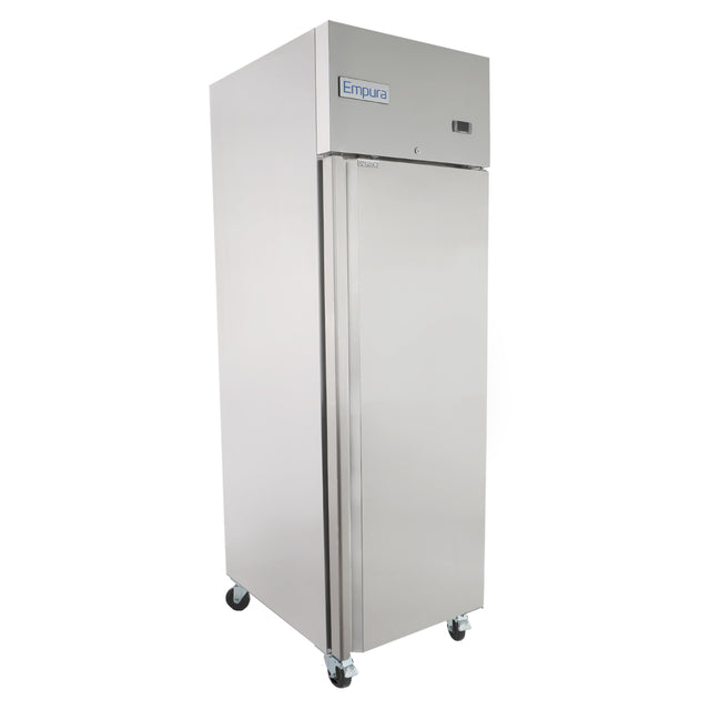 A tall, stainless steel Empura Refrigeration reach-in refrigerator with a single door stands on four caster wheels. The Empura brand is displayed on the upper front panel, highlighting its sleek, modern appearance and rectangular, upright shape.