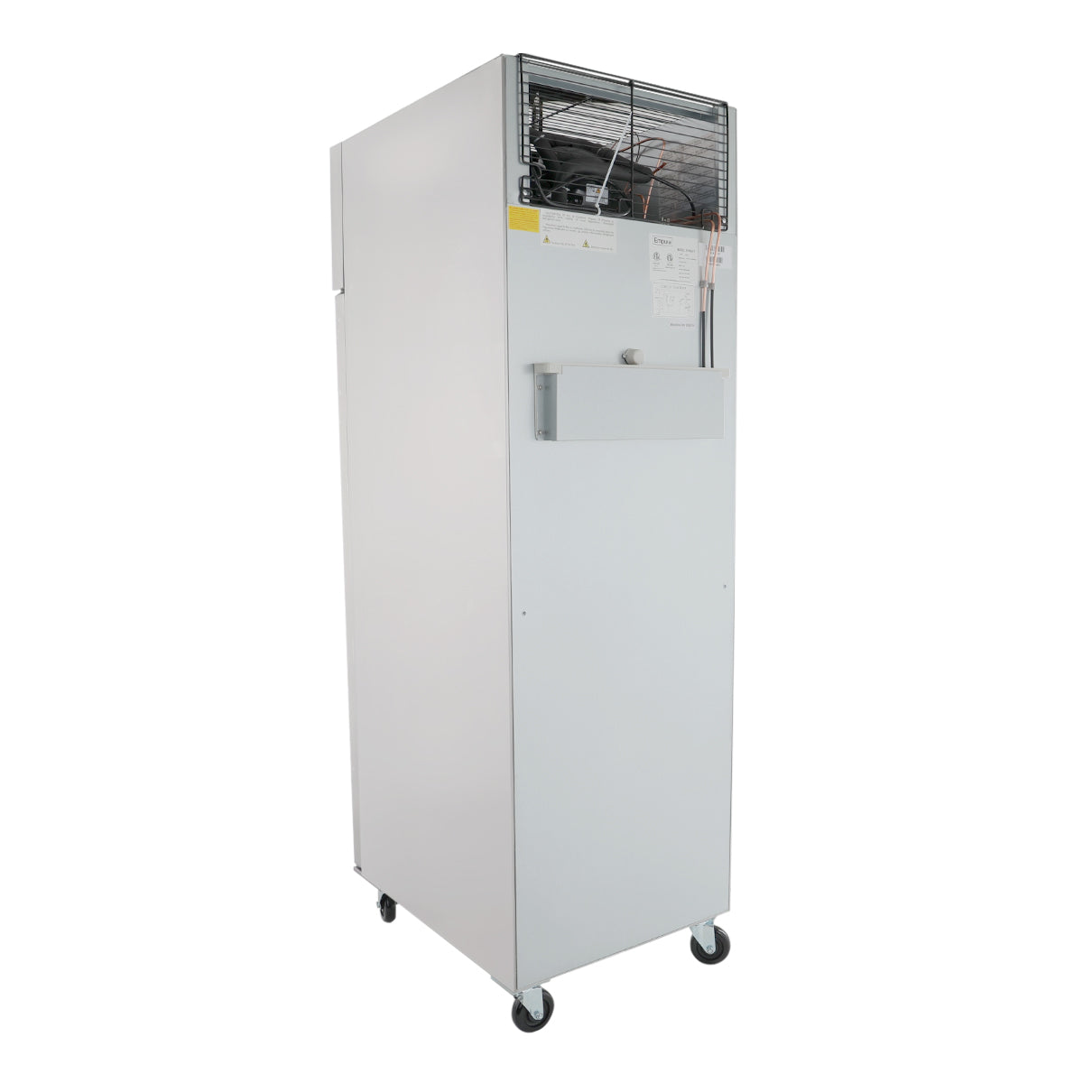 A tall, rectangular Empura Refrigeration commercial refrigerator on four wheels. The upper section is open, revealing wiring and cooling components. A small handle and mounted box are on the front door. The unit is photographed at an angle.