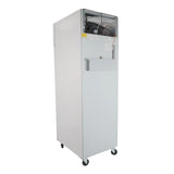 A tall, rectangular Empura Refrigeration commercial refrigerator on four wheels. The upper section is open, revealing wiring and cooling components. A small handle and mounted box are on the front door. The unit is photographed at an angle.