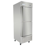 A commercial refrigerator by Empura Refrigeration, this two-door reach-in refrigerator features bottom vents, wheels for mobility, and the Empura label at the top. It stands alone on a white background.