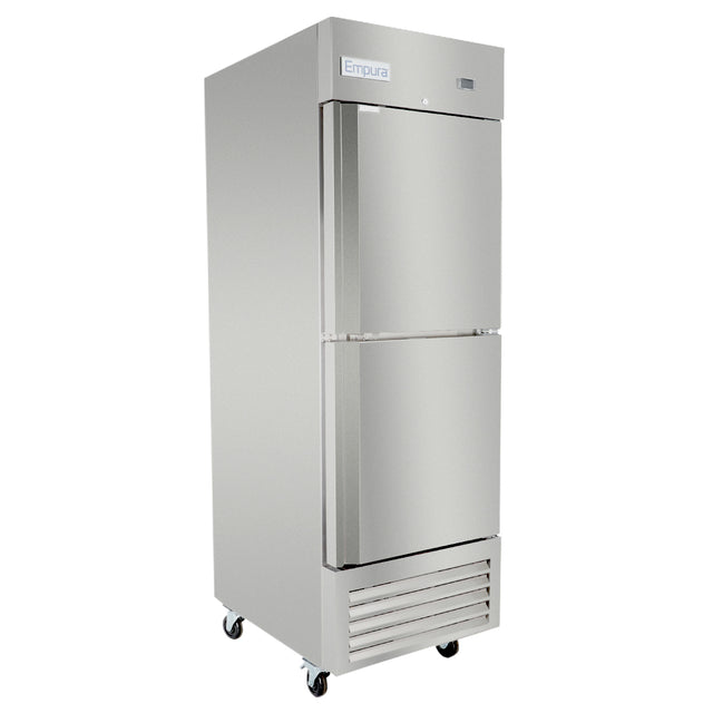 A commercial refrigerator by Empura Refrigeration, this two-door reach-in refrigerator features bottom vents, wheels for mobility, and the Empura label at the top. It stands alone on a white background.