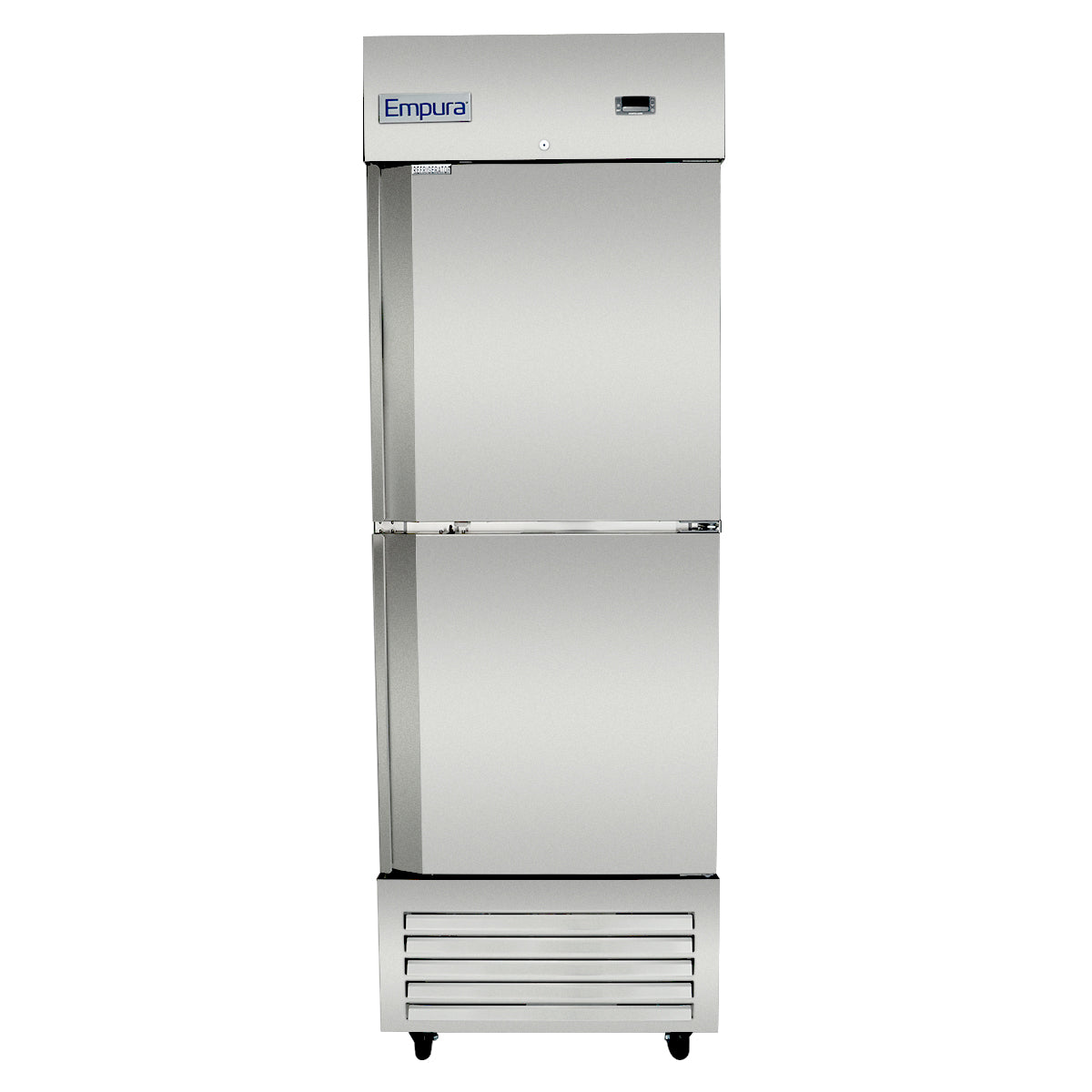 A commercial refrigerator from Empura Refrigeration, this stainless steel reach-in unit features two stacked doors, a digital display at the top right, vented bottom panels, and small wheels. The “Empura” brand is displayed on the upper left.