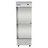 A commercial refrigerator from Empura Refrigeration, this stainless steel reach-in unit features two stacked doors, a digital display at the top right, vented bottom panels, and small wheels. The “Empura” brand is displayed on the upper left.