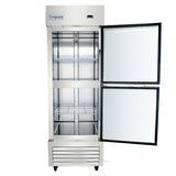 A commercial reach-in refrigerator by Empura Refrigeration with two clear double doors, the upper door open to reveal empty wire shelves. The unit features a digital display, vented bottom panel, and stands on four wheels.