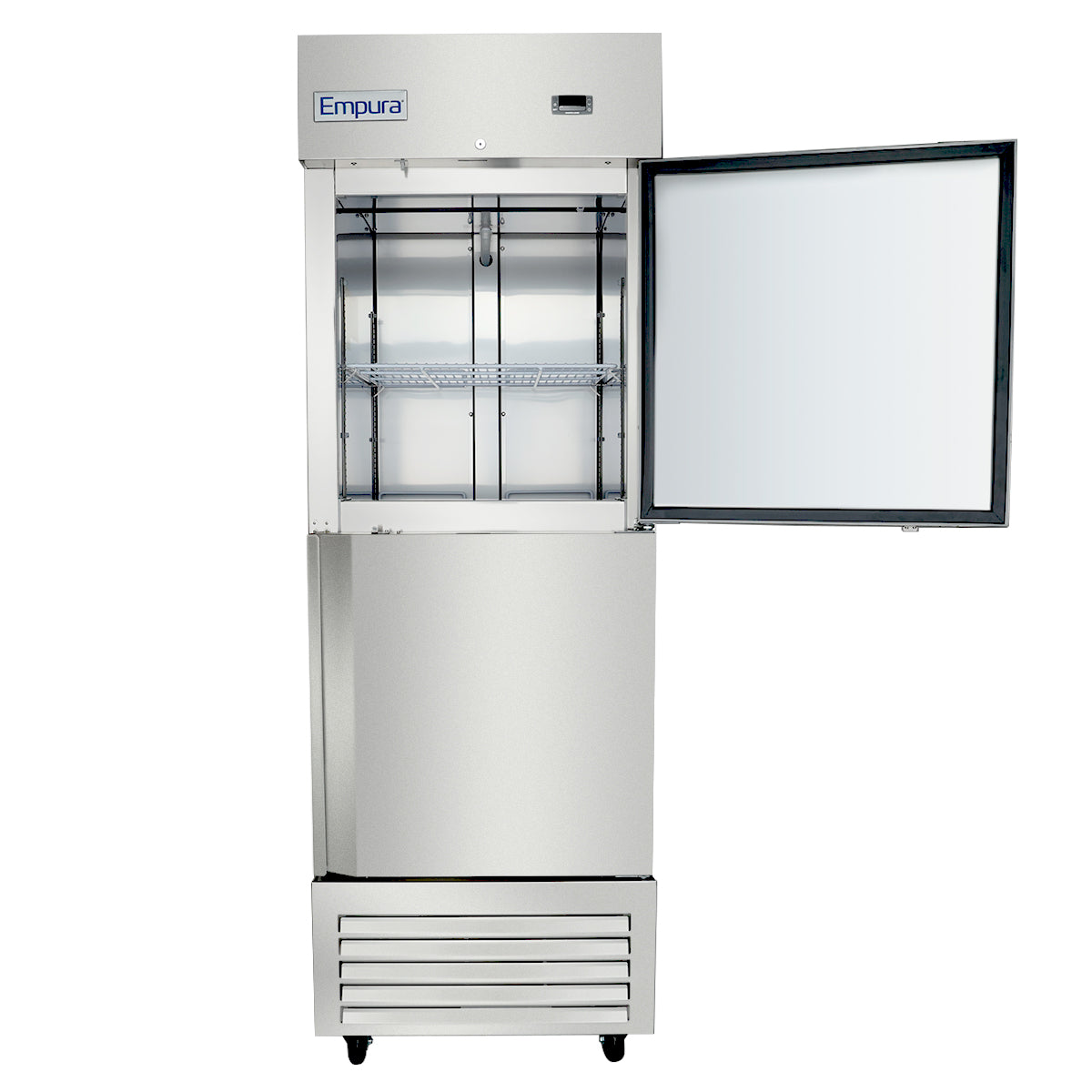 A commercial Empura Refrigeration upright reach-in refrigerator with the Empura logo at the top, a single open glass door showing empty wire shelves, and a lower section featuring a closed solid door and vented grill—all on caster wheels.