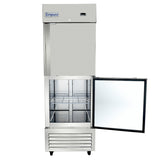 A commercial stainless steel Reach-In Refrigerator by Empura Refrigeration, featuring the brand name at the top. The lower freezer door is open, revealing two wire shelves inside. The unit stands on small wheels and has a bottom-front vent.