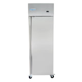 A tall, silver Empura Refrigeration reach-in commercial refrigerator with a single door stands on four caster wheels. It features a digital display on the upper right and its sleek, industrial design is ideal for any restaurant or kitchen setting.