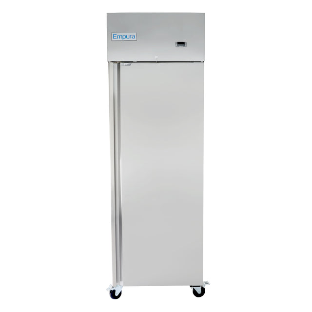 A tall, silver Empura Refrigeration reach-in commercial refrigerator with a single door stands on four caster wheels. It features a digital display on the upper right and its sleek, industrial design is ideal for any restaurant or kitchen setting.