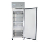 A stainless steel Empura Refrigeration commercial refrigerator with its single door open reveals three wire shelves and an interior fan. This reach-in refrigerator is on wheels, features the Empura brand at the top, and has an empty interior.