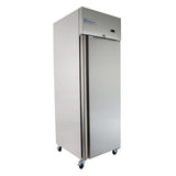 A tall, stainless steel Empura Reach-In Refrigerator with a single door stands on four caster wheels. The smooth, reflective surface displays the Empura logo near the top, set against a plain white background.