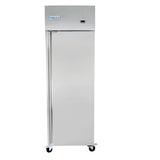 A tall, stainless steel Empura Refrigeration reach-in freezer on wheels features a single solid door and a small blue Empura label at the top left corner. The minimalist commercial freezer is photographed against a plain white background.