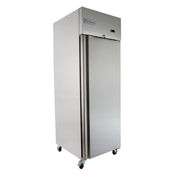 A tall, stainless steel Empura Refrigeration reach-in freezer on four casters, with a single solid door, vertical handle, and logo on top front. The unit has a clean, modern design and is photographed against a plain white background.