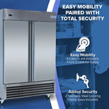 A large stainless steel double-door commercial reach-in freezer is shown on the left. On the right, text reads “Easy Mobility Paired with Total Security” with icons illustrating castors and locks, plus notes about included castors, locking doors, and keys.