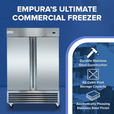 A stainless steel commercial reach-in freezer with double doors stands on a blue background. White text above reads Empura’s Ultimate Commercial Freezer. Three icons highlight its durability, 42 cubic foot storage, and sleek finish.