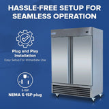 A commercial reach-in freezer with double stainless steel doors stands on casters against a blue background. White text above reads “Hassle-Free Setup for Seamless Operation.” Icons and text below highlight a 5-15P NEMA plug and easy installation.