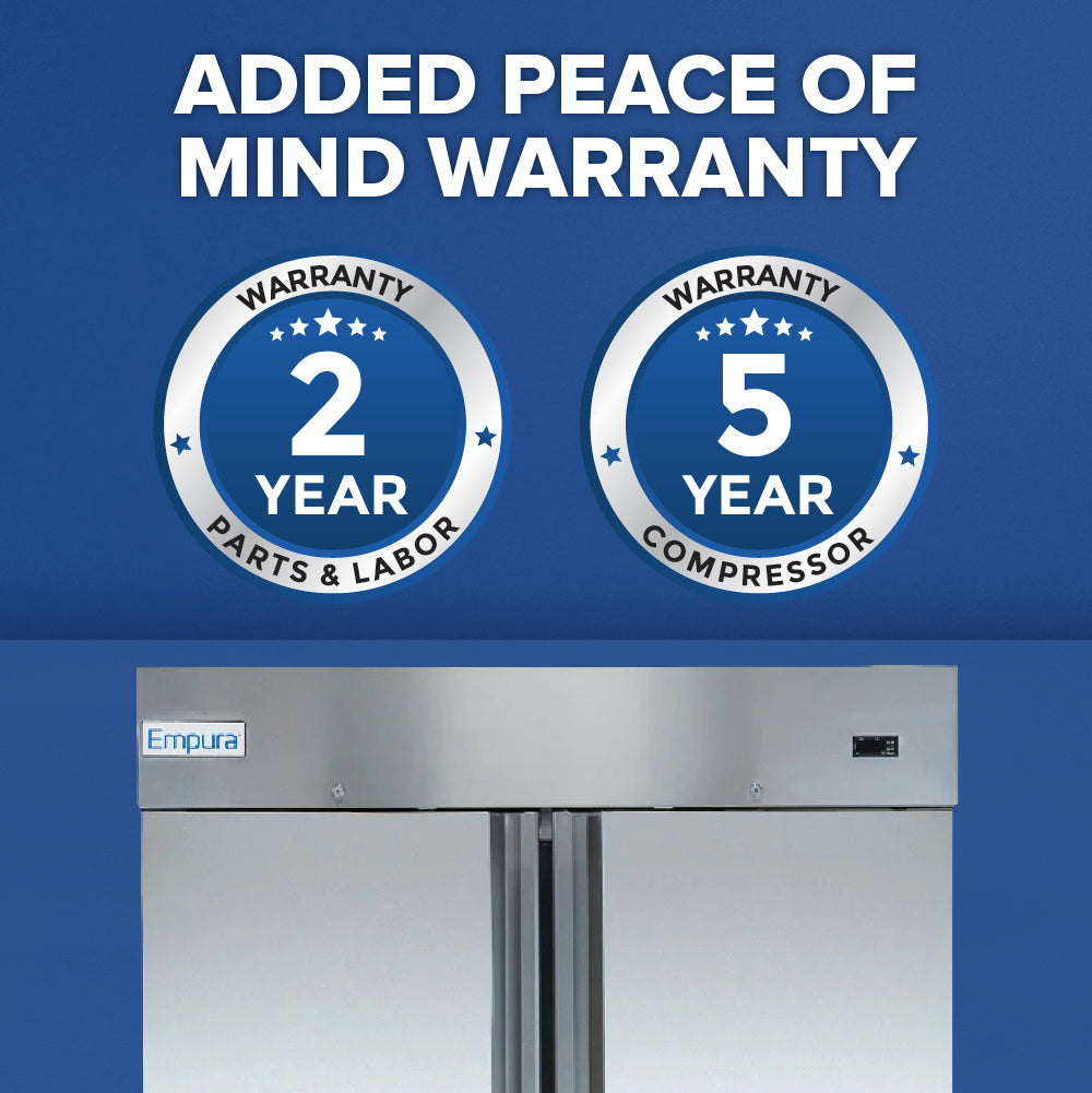 Commercial refrigerator front with Empura logo at the top. Above, bold text reads “ADDED PEACE OF MIND WARRANTY.” Two badges for “2 YEAR PARTS & LABOR WARRANTY” and “5 YEAR COMPRESSOR WARRANTY” highlight this commercial reach-in freezer.