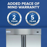 Commercial refrigerator front with Empura logo at the top. Above, bold text reads “ADDED PEACE OF MIND WARRANTY.” Two badges for “2 YEAR PARTS & LABOR WARRANTY” and “5 YEAR COMPRESSOR WARRANTY” highlight this commercial reach-in freezer.