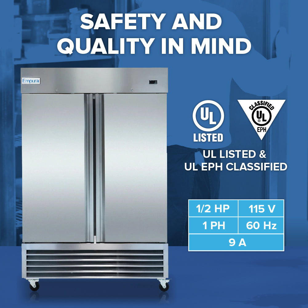 A commercial stainless steel freezer with double doors and a digital panel stands against a blue background. Text reads “Safety and Quality in Mind.” UL Listed and EPH logos shown. Perfect as a restaurant freezer, specs: 1/2 HP, 115V, 1 PH, 60 Hz, 9A.