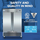 A commercial stainless steel freezer with double doors and a digital panel stands against a blue background. Text reads “Safety and Quality in Mind.” UL Listed and EPH logos shown. Perfect as a restaurant freezer, specs: 1/2 HP, 115V, 1 PH, 60 Hz, 9A.