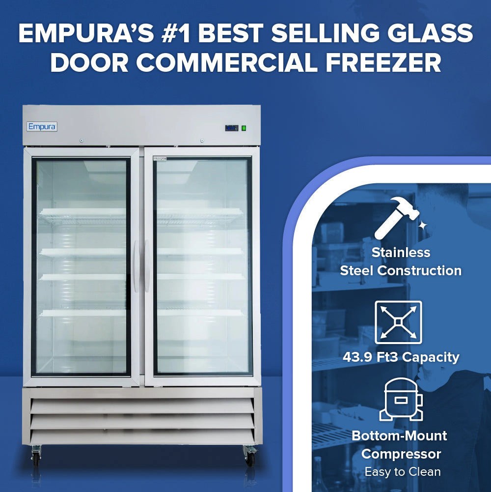 A commercial reach-in freezer by Empura is shown open and empty. Text highlights features: stainless steel construction, 43.9 cubic feet capacity, and a bottom-mount compressor. The blue background includes graphic icons for each feature.