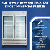 A commercial reach-in freezer by Empura is shown open and empty. Text highlights features: stainless steel construction, 43.9 cubic feet capacity, and a bottom-mount compressor. The blue background includes graphic icons for each feature.