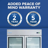 A stainless steel freezer with two warranty badges above it: one on the left says 2 Year Warranty Parts & Labor, and one on the right says 5 Year Warranty Compressor. Added Peace of Mind Warranty appears above, set on a blue background.