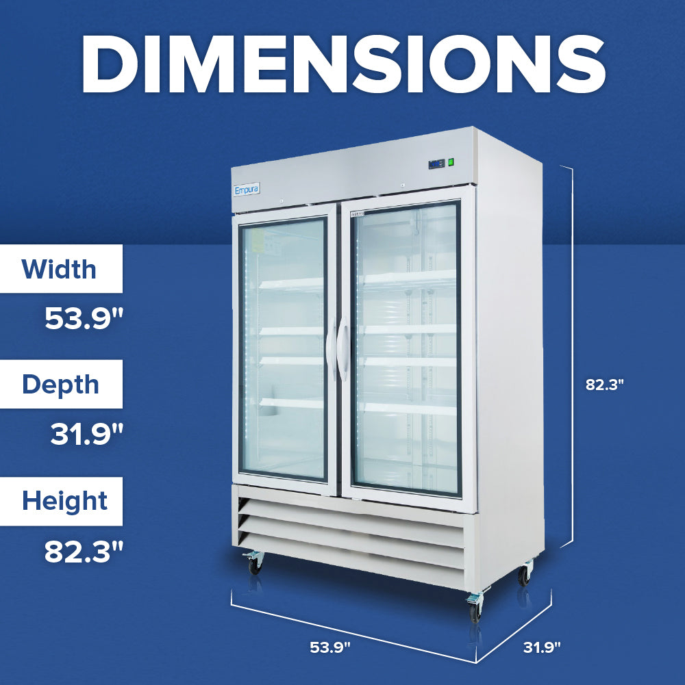 A commercial reach-in freezer on casters is shown against a blue background. White text lists dimensions: Width 53.9, Depth 31.9, Height 82.3. The unit has two clear doors and multiple shelves, ideal for any busy kitchen or restaurant setting.