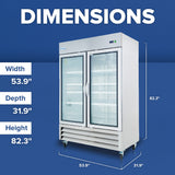 A commercial reach-in freezer on casters is shown against a blue background. White text lists dimensions: Width 53.9, Depth 31.9, Height 82.3. The unit has two clear doors and multiple shelves, ideal for any busy kitchen or restaurant setting.