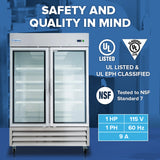 Commercial double glass-door restaurant freezer with empty white shelves inside, shown against a blue background. Text highlights safety and quality—UL listed, EPH classified, NSF tested; electrical specs: 1 HP, 115V, 1 PH, 60 Hz, 9A.