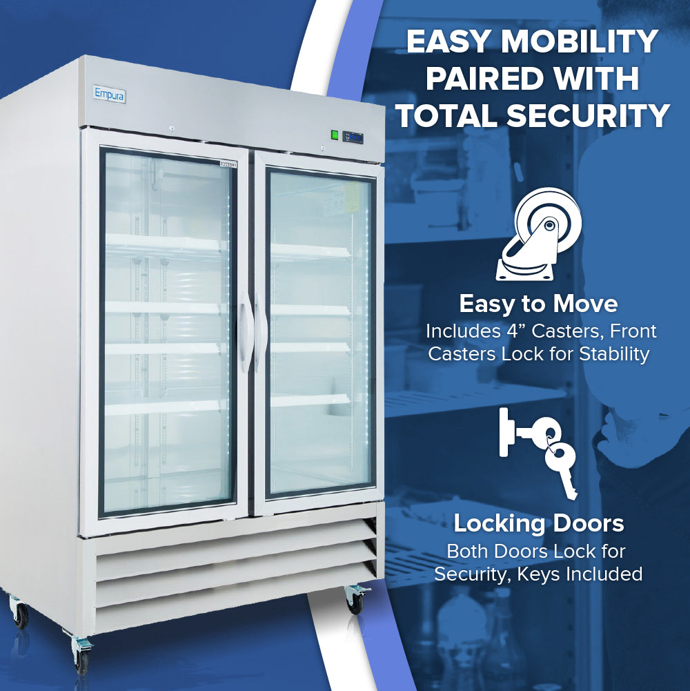 A commercial reach-in freezer with glass double doors is shown on the left. On the right, text highlights features: 4 casters for easy moving (front casters lock) and locking doors for security (keys included). Blue background with white accents and icons.