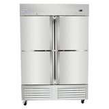 A large Empura refrigeration unit, this commercial reach-in freezer features four doors with horizontal handles, a vented grill at the bottom, casters for mobility, and a smooth, brushed stainless steel finish. The Empura label sits on the top left corner.