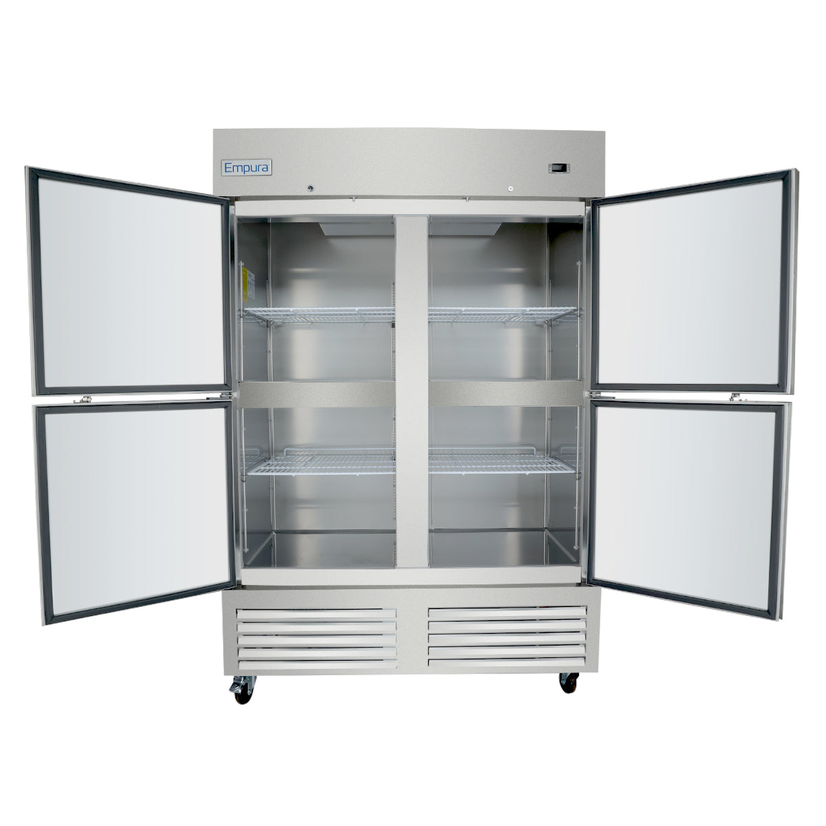 A large, stainless steel Empura refrigeration unit with four open glass doors reveals empty interior shelves. The commercial freezer features a top-mounted logo, wire shelves, bottom ventilation panels, and wheels for mobility.
