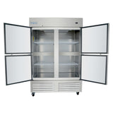 A large, stainless steel Empura refrigeration unit with four open glass doors reveals empty interior shelves. The commercial freezer features a top-mounted logo, wire shelves, bottom ventilation panels, and wheels for mobility.