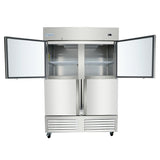 A commercial stainless steel reach-in freezer with four doors, two on top and two below, all open to reveal an empty interior with a single wire shelf. The Empura refrigeration unit is on wheels and features a vented panel at the bottom.