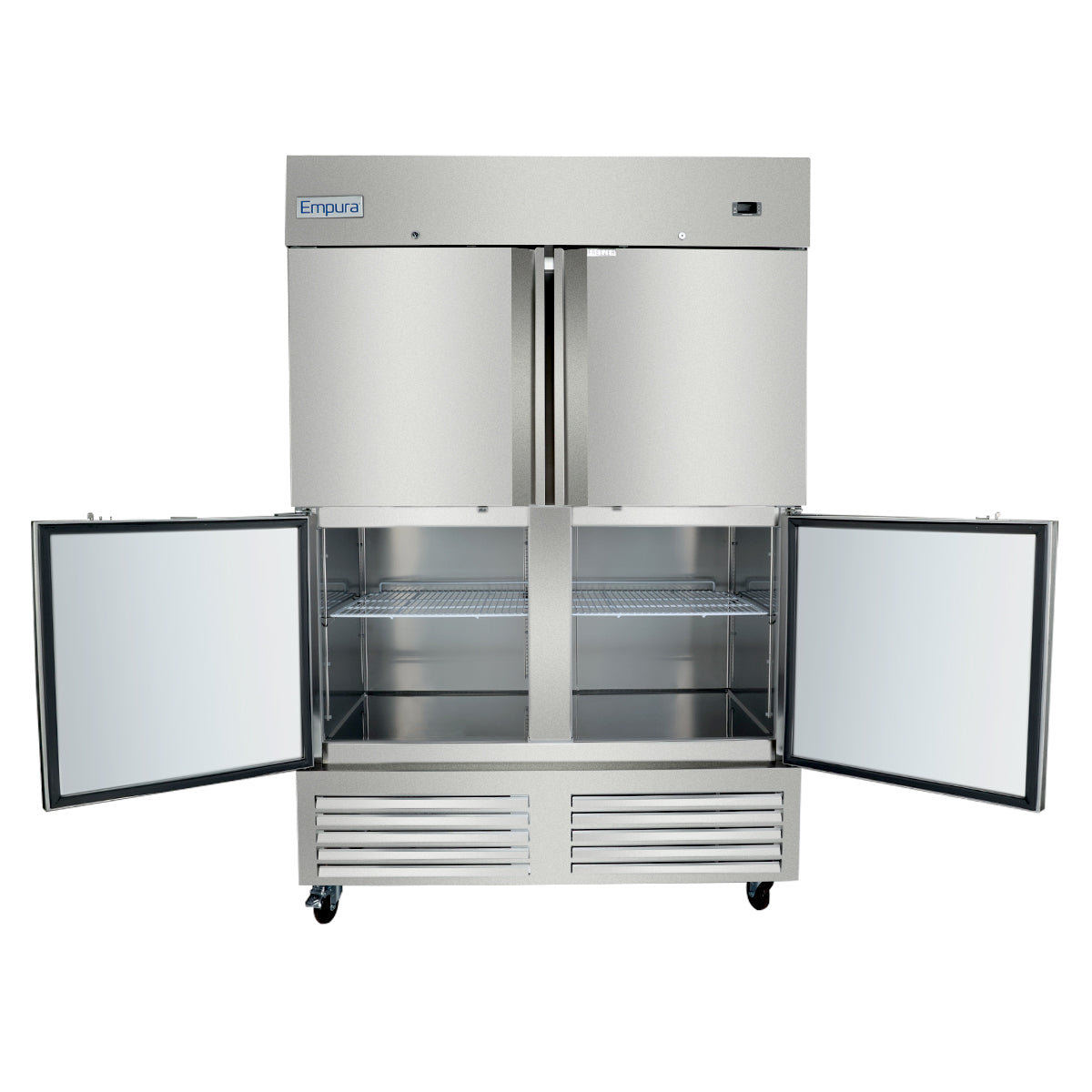 A large, stainless steel Empura refrigeration unit with four doors; the top two are closed while the bottom two are open to reveal empty shelves. This commercial freezer features a vented section below and stands on wheels for easy mobility.