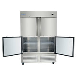 A large, stainless steel Empura refrigeration unit with four doors; the top two are closed while the bottom two are open to reveal empty shelves. This commercial freezer features a vented section below and stands on wheels for easy mobility.