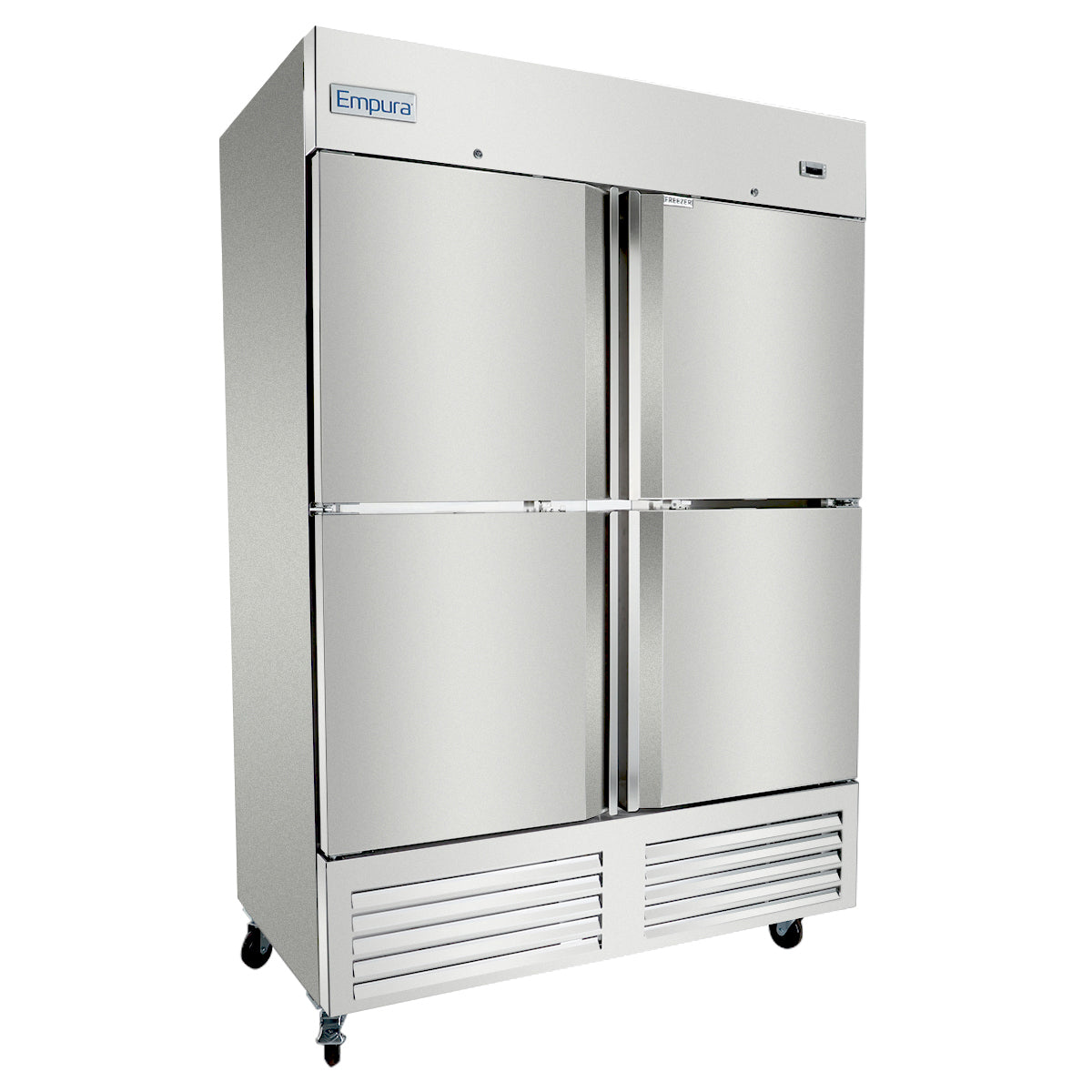 A large Empura refrigeration unit with four doors and vertical handles. The brand name is visible on the top left door. This commercial freezer stands on four caster wheels and features ventilation grilles at the bottom.