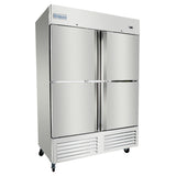 A large Empura refrigeration unit with four doors and vertical handles. The brand name is visible on the top left door. This commercial freezer stands on four caster wheels and features ventilation grilles at the bottom.