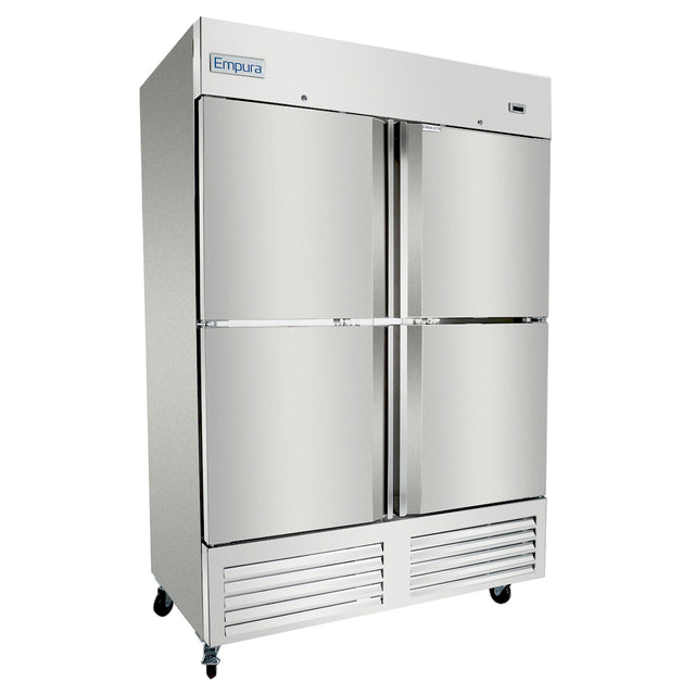 A large Empura refrigeration unit with four doors and vertical handles. The brand name is visible on the top left door. This commercial freezer stands on four caster wheels and features ventilation grilles at the bottom.