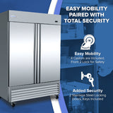 A large Empura E-KB54R stainless steel refrigerator stands on the left. On the right, blue text says Easy Mobility Paired With Total Security. Icons below highlight 4 castors with a front lock and 2 locking doors with keys for security.