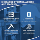 A graphic with a blue background highlights four features of the Empura E-KB54R commercial reach-in refrigerator: Flexible Storage Space, Easy Access, Durable Construction, and Save Time & Effort—all within a stainless steel refrigerator.