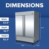 A large Empura E-KB54R reach-in refrigerator with double doors stands on wheels against a blue background. White text above reads “DIMENSIONS.” Lines highlight the commercial refrigeration units width 53.9, depth 32.7, and height 82.3.