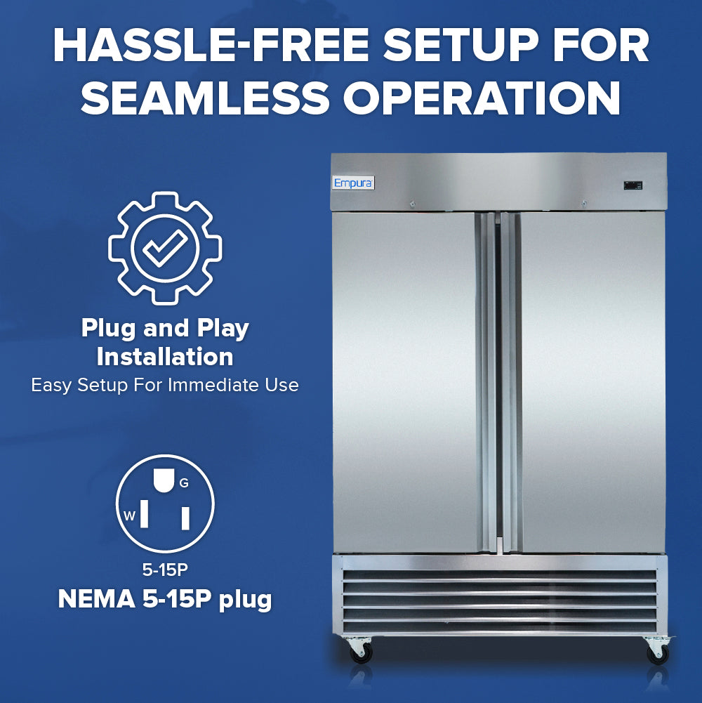 A stainless steel Empura E-KB54R reach-in refrigerator stands on a blue background. Text reads “Hassle-Free Setup for Seamless Operation.” An icon shows a plug with “Plug and Play Installation—Easy Setup for Immediate Use.” “NEMA 5-15P plug” is listed.