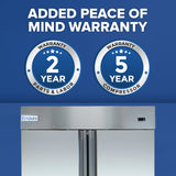 A stainless steel Empura E-KB54R commercial reach-in refrigerator is shown against a blue background. Above it, text reads “ADDED PEACE OF MIND WARRANTY,” with badges for “2 YEAR WARRANTY” and “5 YEAR WARRANTY Compressor.”.