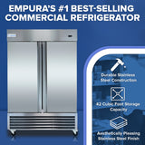 A large stainless steel refrigerator, the Empura E-KB54R, is displayed on a blue background. Text highlights this commercial reach-in refrigerator as Empura’s #1 best-seller, with 42 cubic foot storage and an attractive stainless finish. Icons illustrate each feature.