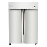 A large, commercial stainless steel double-door Reach-In Freezer with the brand name Empura on the top left, standing on wheels. The doors are closed, and the minimalist design includes a small digital display on the top right.