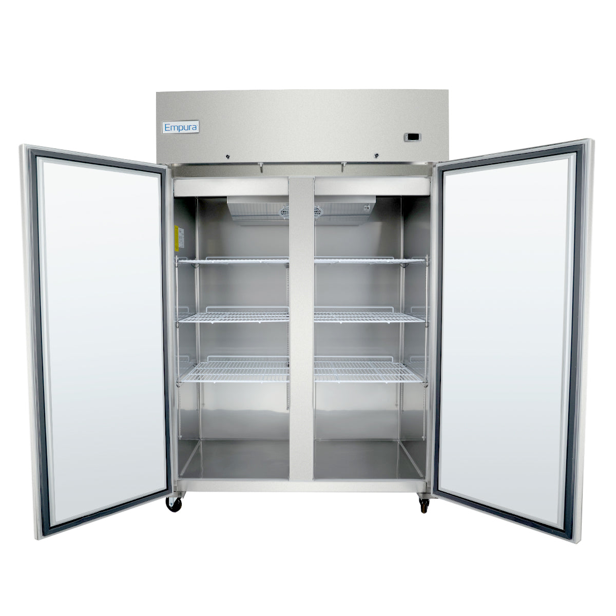 A commercial stainless steel freezer with double glass doors open, revealing three empty metal wire shelves inside. This reach-in freezer stands on small wheels and features a control panel and Empura label on the top front.