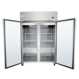 A commercial stainless steel freezer with double glass doors open, revealing three empty metal wire shelves inside. This reach-in freezer stands on small wheels and features a control panel and Empura label on the top front.