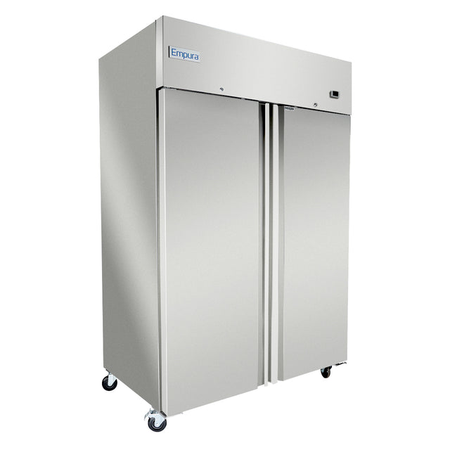 A large, stainless steel reach-in freezer with two vertical doors on caster wheels. The Empura logo is visible at the top left. The unit stands on a white background and features a sleek, industrial design ideal for commercial use.